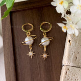 Pearl Planet and Star Huggie Hoop Earrings, Pearl Saturn Planet Earrings Dangle, Universe Statement Earrings